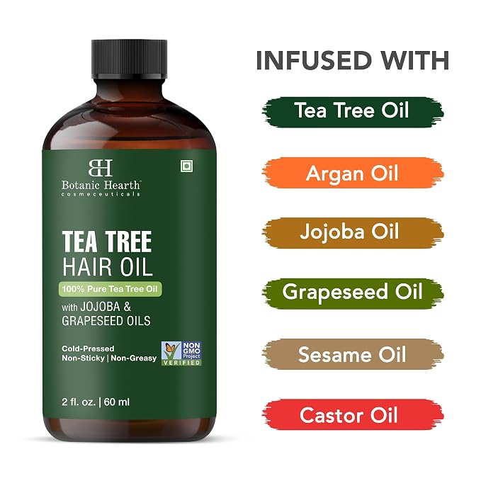 Botanic Hearth 100% Pure Tea Tree Hair Oil For Hair Growth & Hair Treatment Oils 2 Fl Oz | Infused with coconut Oil | Hair Oil Repairs Dry Damaged Hair, Strengthening, Healthier | All Hair Types