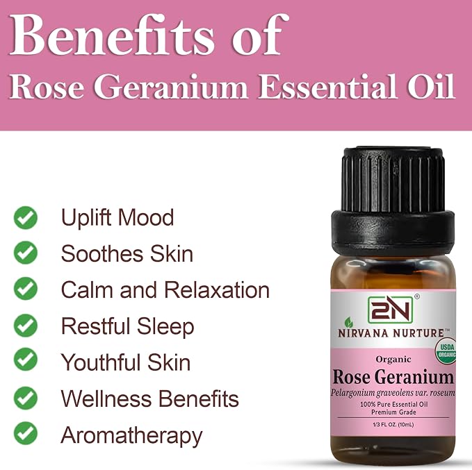 Rose Geranium Essential Oil, USDA Certified Organic, 100% Pure Undiluted, Aromatherapy Oil for Diffuser, Hair & Skin Care