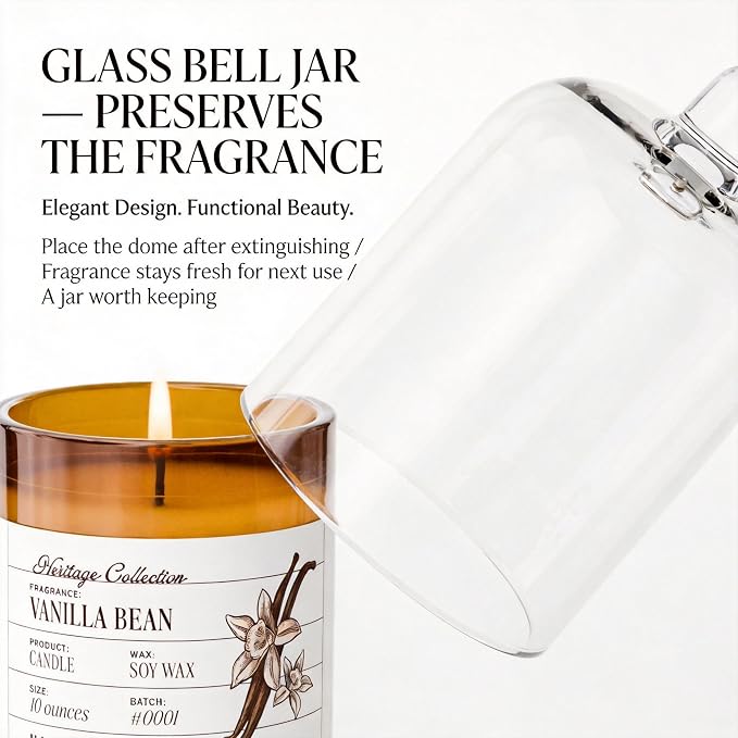 Hidden Label Vanilla Bean Scented Candle - 10oz Non Toxic Candles for Home Scented with Clear Bell Jar, Natural Soy Wax Clean Burning Aromatherapy Candle for Spa/Yoga/Meditation & Stress Relief Gifts