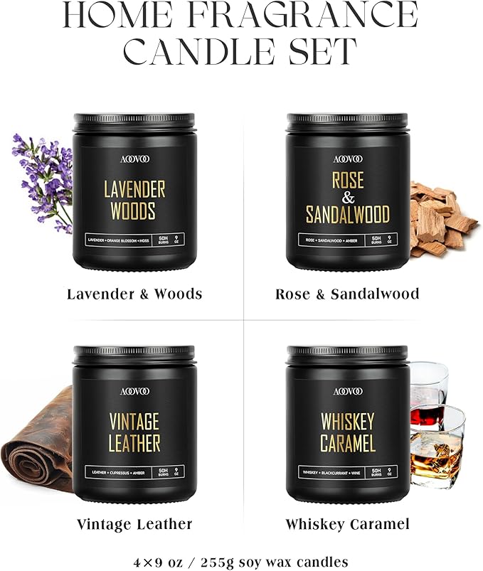 AOOVOO Scented Candles for Men - 4 Pack Candles for Home Scented, 36oz Soy Wax, 200 Hour Burn Time, Men Candle Set, Rose Sandalwood/Whiskey Caramel/Lavender/Leather Candles Set