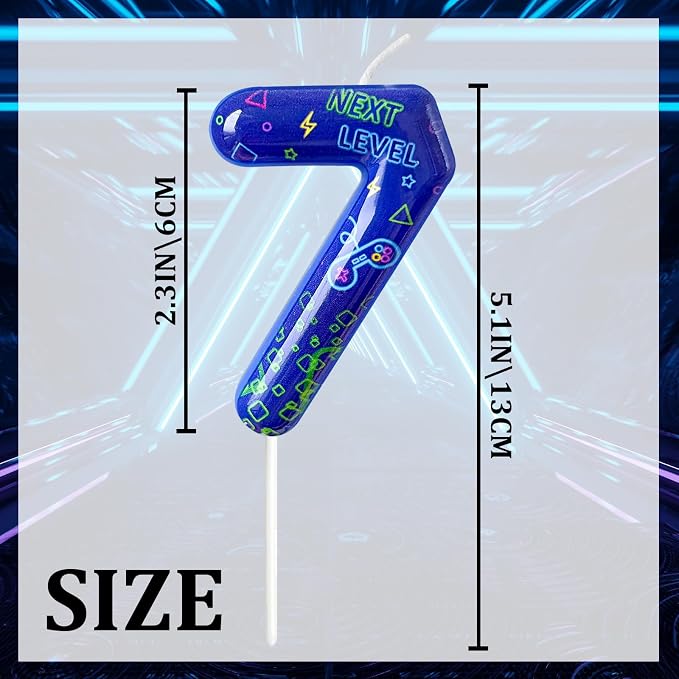 Number 7 Birthday Candle for Cake – Blue Gaming Theme Number Candle with “Next Level” Design, Video Game Style Cake Topper for Anniversary & Celebration