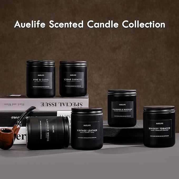 Auelife Smoke Vanilla Candle, 7 oz Soy Candle for Men | 50H Burn Time, Cotton Wick, Matte Black Jar, Home Office Decor, Gift Box Included