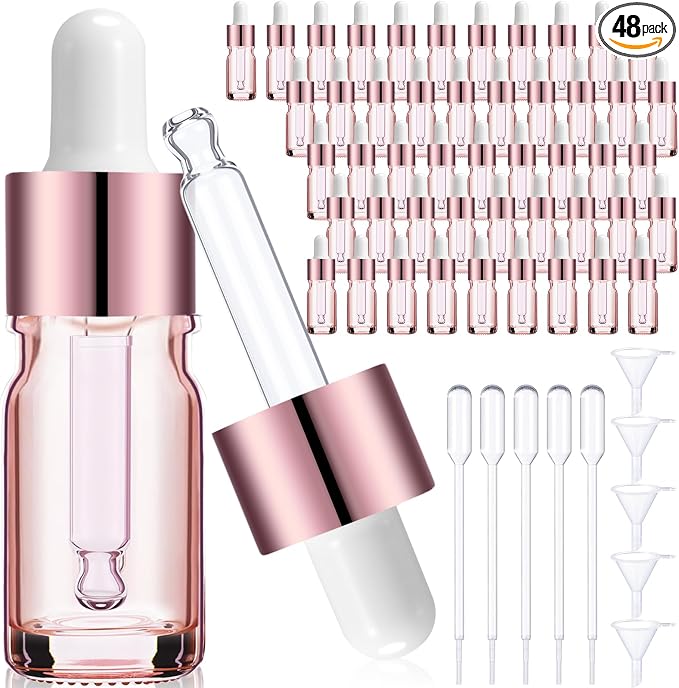 Patelai 48 Pcs 5 ml/ 0.2 oz Frosted Glass Dropper Bottles Essential Oil Bottles with Eye Dropper and Bamboo Lids Perfume Sample Essence Liquid Cosmetic Containers and Funnels (Rose Gold)