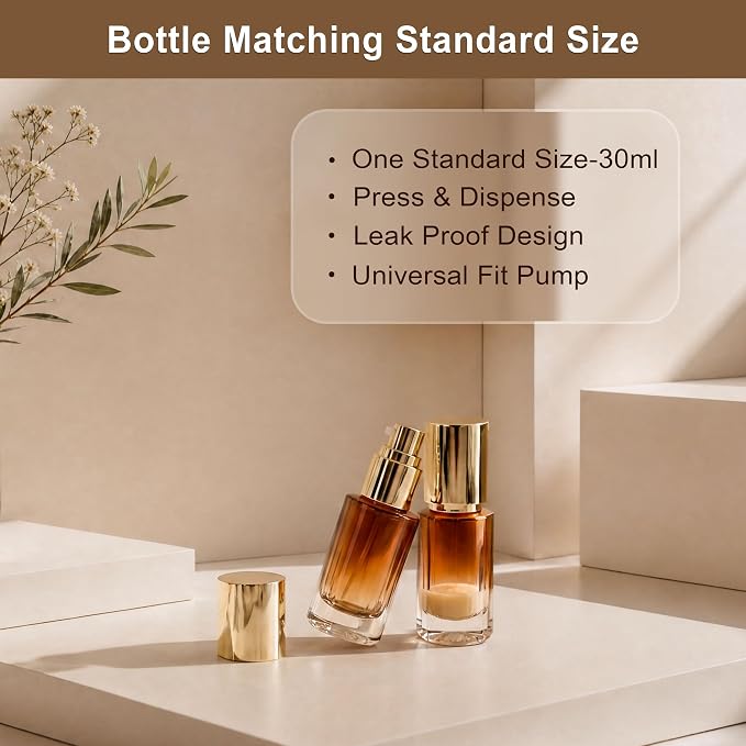 1oz Travel Pump Bottle, 30ml Gradient Glass Liquid Dispensing Bottle with 3 Transfer Tools, Leak-Proof Small Refillable Makeup Containers for Toiletries, Lotion, Essential Oils (Coffee Gradient)