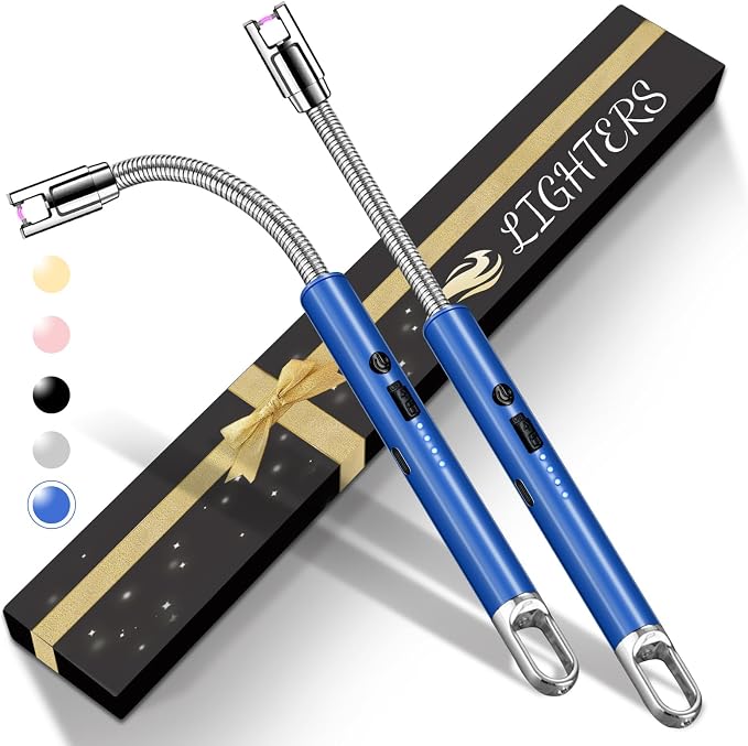 2 Pack Electric Candle Lighters, USB Rechargeable Lighter with Windproof Flameless & Extended Handle, Suitable for Candles, BBQ, Camping, Gas Stove, Festivals Gift (Blue, 2 Packs-A)