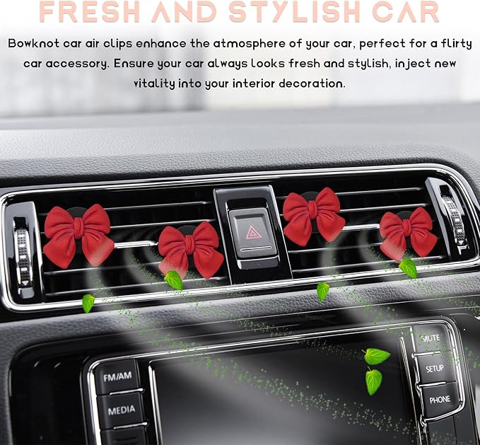 KVAEY 9 PCS Pink Bow Car Air Freshener, Automotive Cute Pink Bow Air Outlet Clips with Scent Pieces, Universal Coquette Car Air Vent Diffuser for Women and Girls (Red)