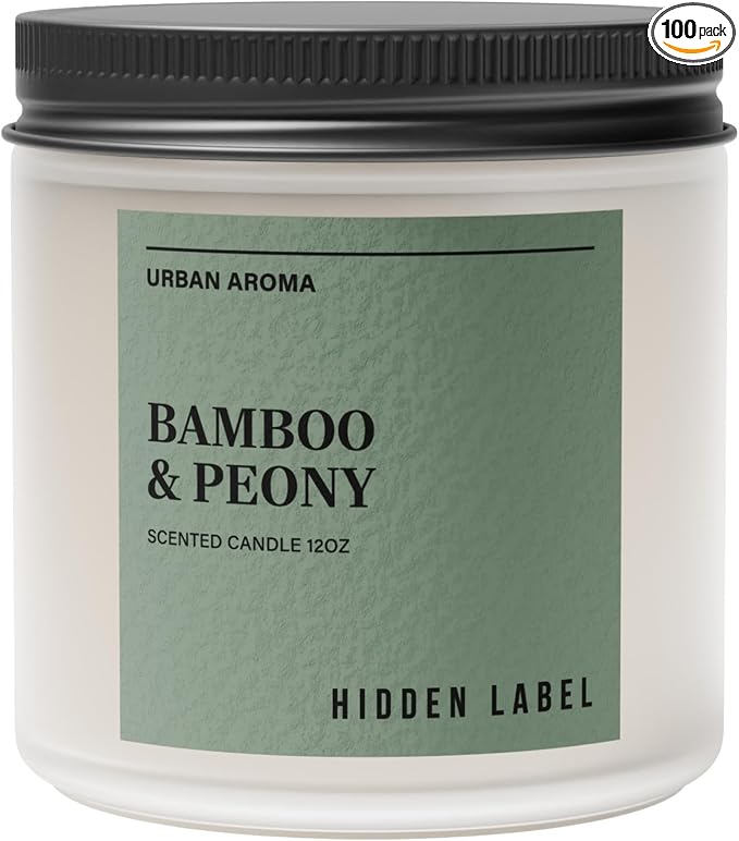 Hidden Label Bamboo & Peony Soy Candle, 12oz 2-Wick, 70H Burn | Japandi Décor Frosted Glass, Clean Aromatherapy for Focus & Calm, Stress Relief, Gift-Ready with FSC Packaging