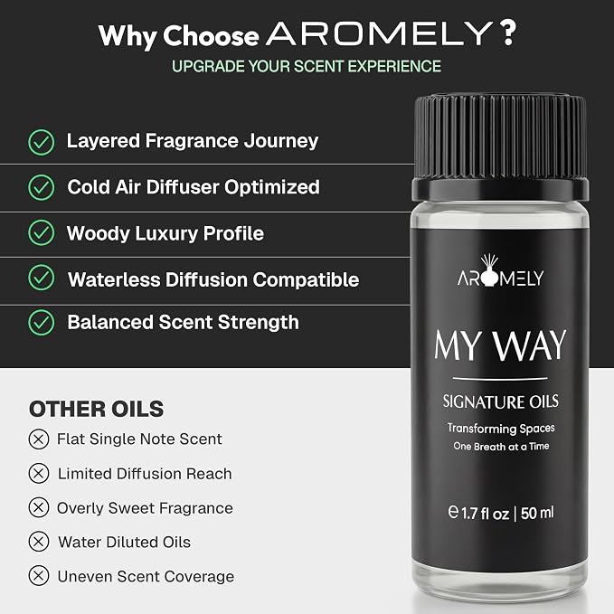 AROMELY My Way Diffuser Oil Blend | Luxury Home Fragrance Oil for Diffusers | Inspired by 1 Hotel | Signature Scent with Notes of Leather, Cardamom, Lemon, Cedarwood, Iris & Amber | 50ml