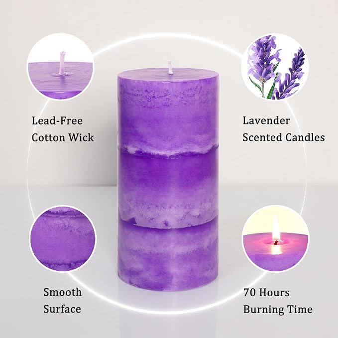 CRYSTAL CLUB Lavender Scented Pillar Candles, Set of 3 Tall 3x6 Inch Candles Rustic Purple, Clean Burning and Dripless Candle Lights, for Home Decor, Wedding, Party Decorations Lilac Candle