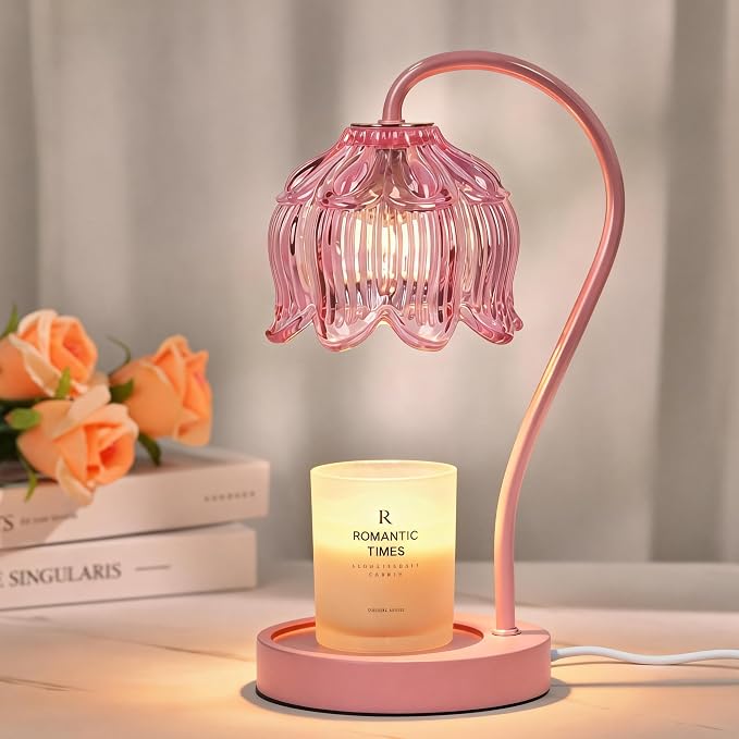 Funistree Flower Candle Warmer Lamp with Timer, Dimmable Candle Lamp Warmer, Christmas Birthday Gifts for Women Mom Her, Housewarming Home Decor, Lotus Wax Warmer for Yankee - Full Pink 10 Inch
