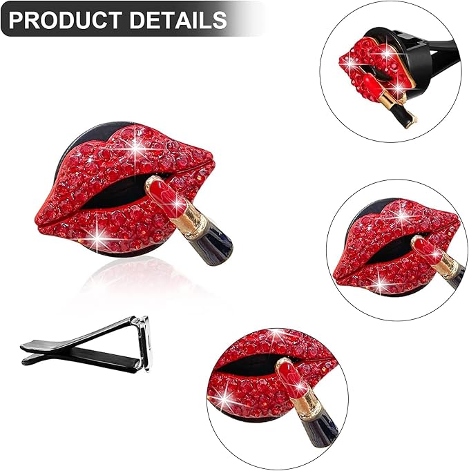 5 Pcs Bling Red Lips Air Vent Clips, Heart Shape Crystal Car Air Vent Clip Charms Car Air Fresheners for Women Rhinestone Diffuser Vent Clip Cute Car Decor Bling Cars Accessories,Interior Accessories