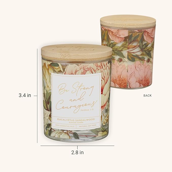 Christian Art Gifts Soy Wax Scented Candle: Joshua 1:9 Bible Verse, Eucalyptus Sandalwood Scent, Pure Essential Oils, 4.5 oz, Up to 20 Hours Burn Time, Glass Jar w/Bamboo Lid, Encouragement Gift