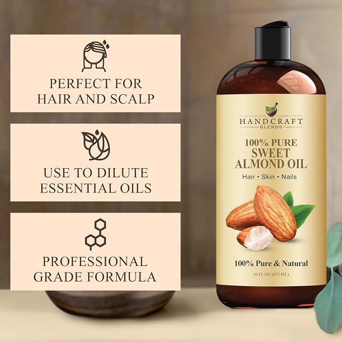 Handcraft Blends Sweet Almond Oil | 100% Pure and Natural | Bath & Body Oil | Premium Grade Carrier Oil | Skin | Hair | Body | Massage | Hexane-Free | 16 Fl Oz