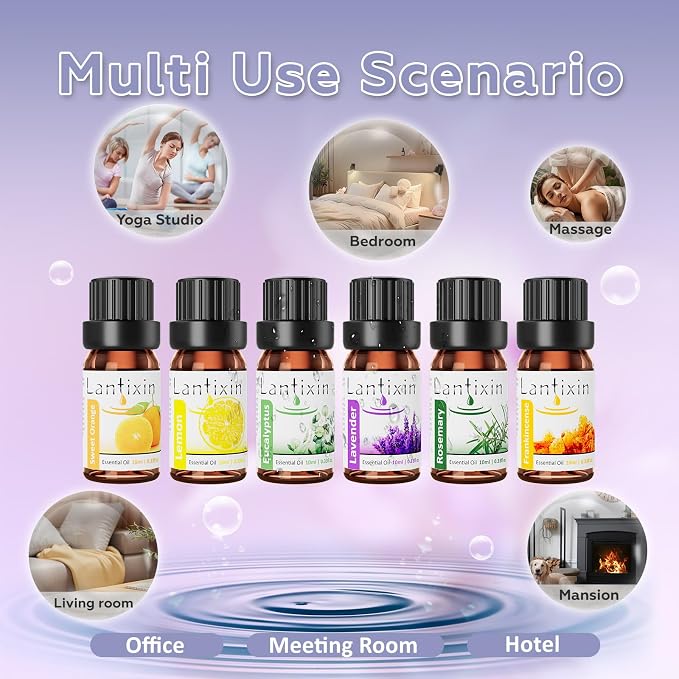 Lantixin Top 6 Essential Oils Set: Frankincense, Rosemary, Eucalyptus, Lavender, Sweet Orange, Lemon - Perfect Starter Kit for Diffusers, Aromatherapy Beginners - 6 x 0.3 oz (1.8 fl oz Total)