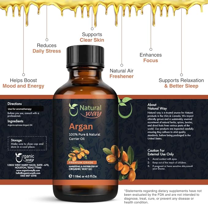 Argan Carrier Oil for Face, Hair, Nails and Dry Skin | Natural Aroma Oil for Home Fragrance, DIY Beauty Blends & DIY Candle Making, Long Lasting Scent for Office, Bedroom Scent 4 Fl Oz (120 mL)