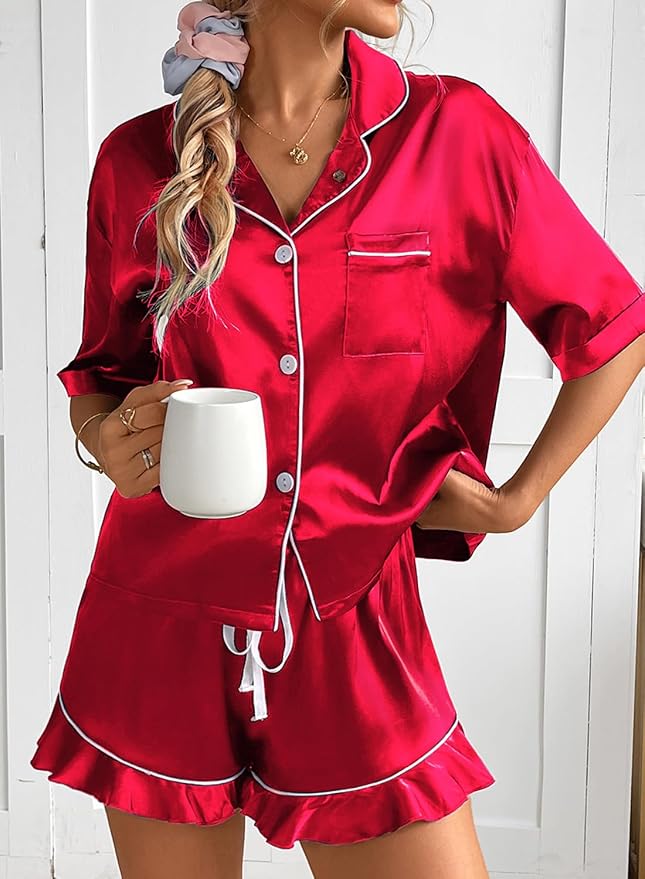 CHYRII Women's Silk Satin Pajamas Two Piece Pj Sets Short Sleeve Tops Ruffled Shorts Sleepwear with Magnetic Diffuser