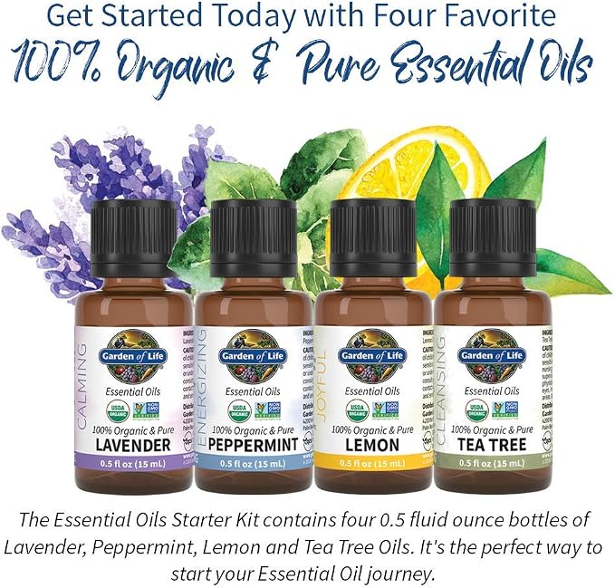 Garden of Life Essential Oils Starter Pack (Lavender, Peppermint, Lemon, Tea Tree) 2 fl oz Liquid (60 mL) - Set of 4-0.5 fl oz Bottles, 100% USDA Organic & Pure, Non-GMO, for Diffuser, Aromatherapy