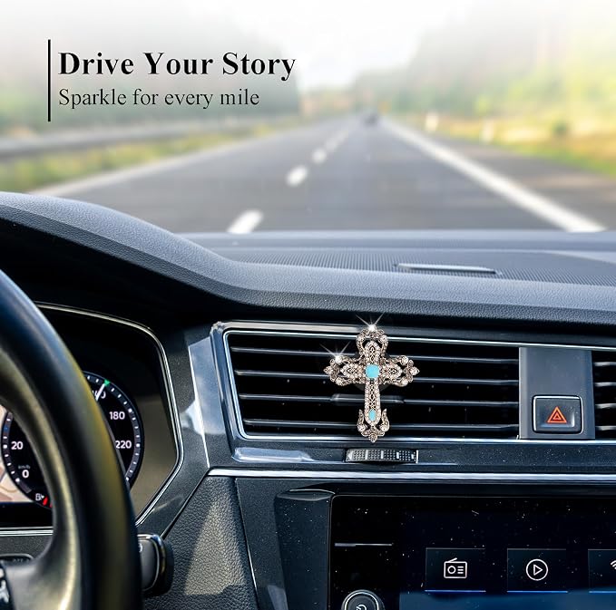 ORIESSE Cross Car Decor,Vintage Cross Air Vent Clips Car Freshener,Bling Rhinestone Turquoise Accent Auto Interior Dashboard Decorations Accessories,Refillable Diffuser