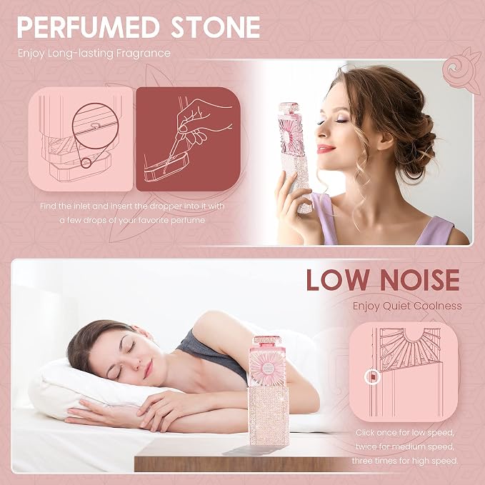 Bling Handheld Fan, Rechargeable Personal Fan with 3 Speeds Setting, Powerful Crystal Pull-out Portable Fan, Cooling Electric Fan for Girls Woman Office School Working Small Fan - Pink Rhinestones