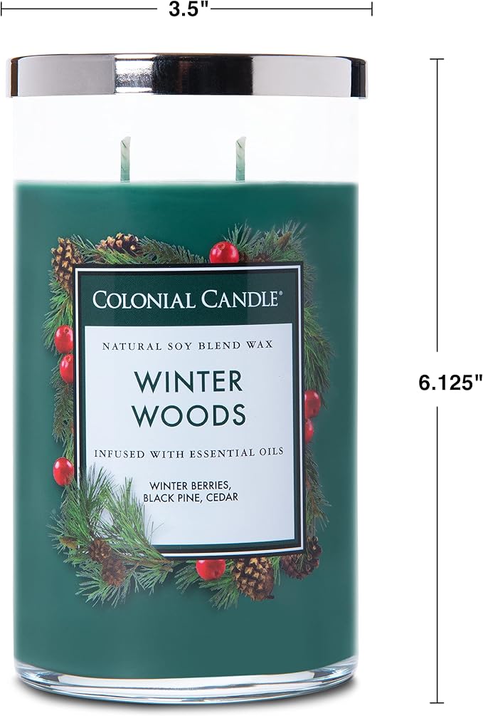 Colonial Candle Scented Jar Candle, Classic Cylinders, Winter Woods, 2 Wick, 19 oz, Green