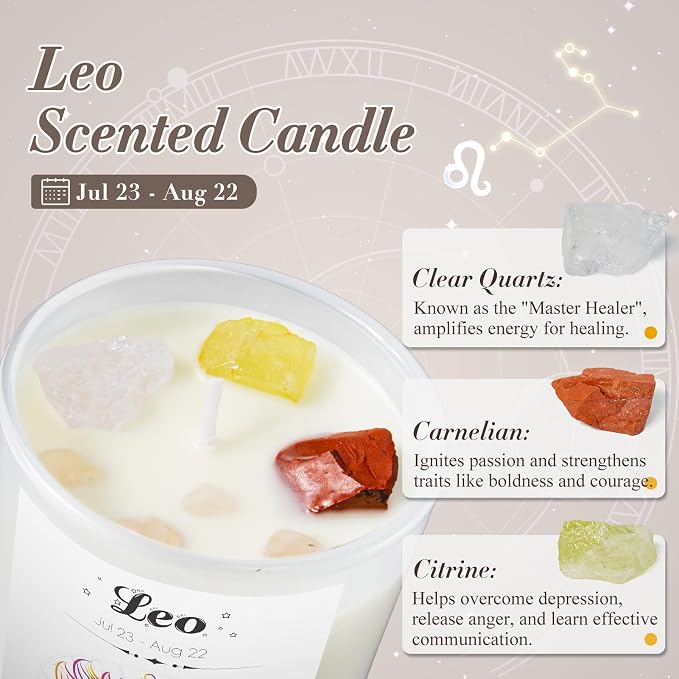 Leo Gifts for Women, Zodiac Leo Candle with Healing Crystals, Astrology Birthday Gifts for Womenr, Mom, Sister, Friends, Meditation, Yoga, Relaxation (7oz)
