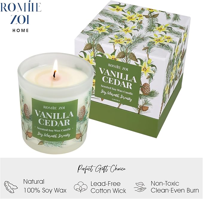 ROMIIE ZOI Aromatherapy Jar Candle - 6oz Soy Wax Candle - Infused with Vanilla Cedar Aroma - with Beautiful Keepsake Box Special for Birthday/Holiday Gifts