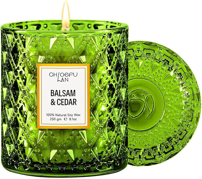 Balsam & Cedar Scented Candle Christmas Candles Gift, Christmas Festival Gifts, Large Luxury Scented Soy Jar Candles with up to 55 Hour Long Lasting, Highly Scented, 8.1oz