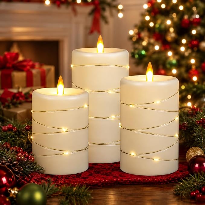 Upinmz Flickering Flameless Candles with String Lights, Battery Operated Candle, LED Candles Unbreakable Acrylic Candles with Remote Control and Timer -3 Pack Ivory White