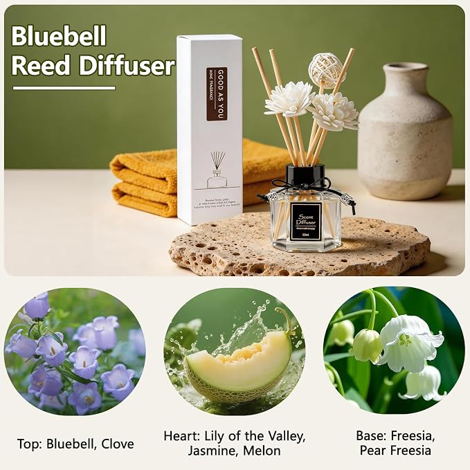 Bluebell Reed Diffuser 1.7 fl oz, Fresh Woodland Floral Home Fragrance, Natural Non-Toxic Essential Oil with 6 Scent Sticks, Long-Lasting Air Freshener for Bedroom & Living Room