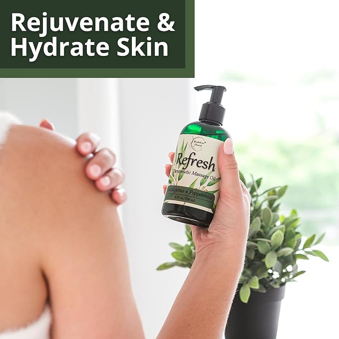 Refresh Massage Oil for Massage Therapy with Eucalyptus & Peppermint Essential Oils - All Natural - Ideal for Full Body Relaxation – Nut Free Formula 8oz