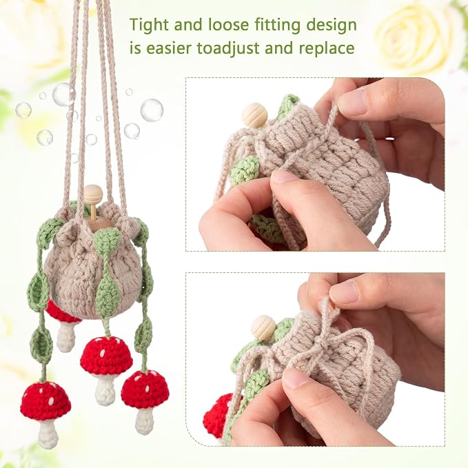 DaisyInner Cute Crochet Plant Car Freshener 12ml Empty Refillable Diffuser Bottle with Plants Hanging Accessories for Ornaments Charms Rearview Mirror Home Office Decor Women Gifts(Mushroom)
