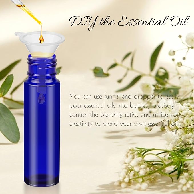 10ML Essential Oil Roller Bottles, 4 Pack Brown and Blue Oil Roller Bottles for Essential Oils, Roll on Bottle with Stainless Steel Balls(4 Labels, Opener, Funnel, Dropper Included)