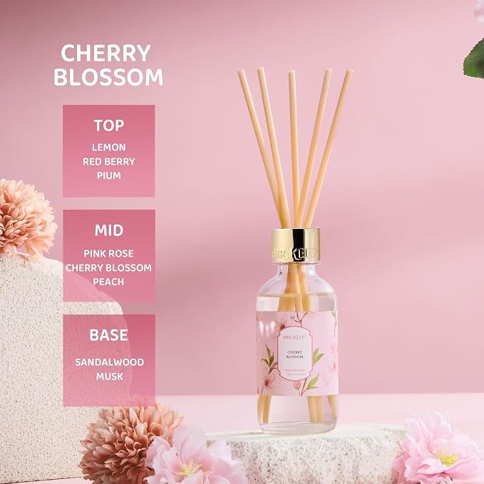 Airkeep Reed Diffuser Oil Set with Reed Sticks,Cherry Blossom Aromatherapy Oil Scent Diffuser for Home Office Bathroom Decoration Perfume and Gifts 3.38 oz/100ml
