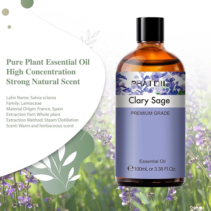 PHATOIL 3.38FL.OZ Clary Sage Essential Oil for Aromatherapy Diffusers with Glass Dropper, Humidifiers, Great for DIY Candle and Soap Making, Huge 100ML Bottle