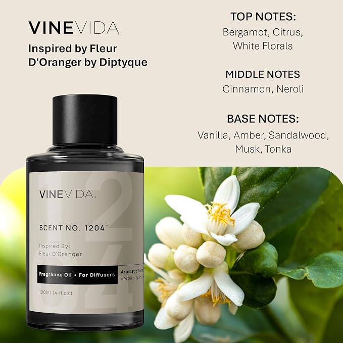 VINEVIDA [4 Fl Oz] Scent NO. 1204 Fragrance Oil for Cold Air Diffusers, Aromatic Notes of Bergamot, Citrus & White Florals Essential Oils for Diffuser Oil Refill & Air Freshener Room Spray