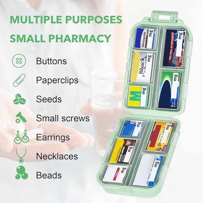 Green Foldable Pill Organizer with 189 Labels - Travel Medicine Kit (1 Pack)