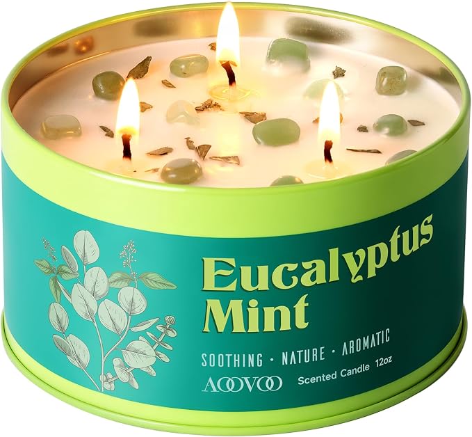 AOOVOO Eucalyptus Mint Candle for Relaxation - 3 Wick 12oz Large Scented Candle with Green Aventurine & Eucalyptus Leaves Inside, Soy Candles Non Toxic for Meditation, Stress Relief, Energy Cleansing