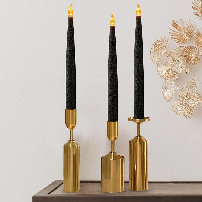 FURORA LIGHTING Black Glitter LED Taper Candles, 2-Pack, 6/18 Timer, Batteries Included