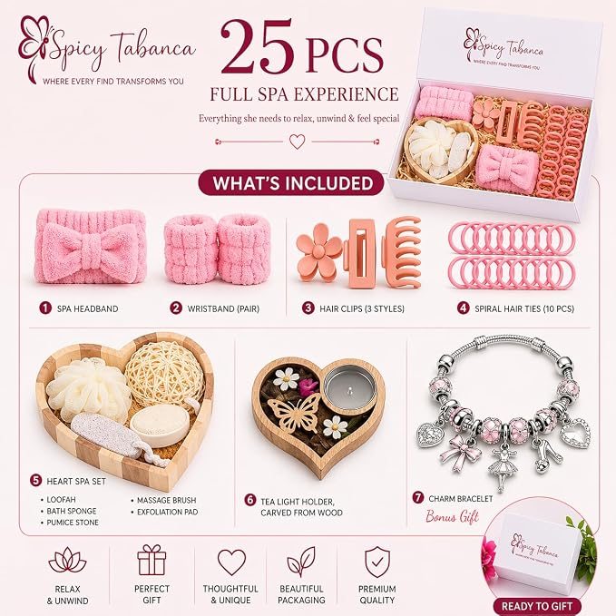 Ultimate 25‑Piece Spa Gift Set for Women – Luxury Self Care Bath Kit with Charm Bracelet, Relaxation Accessories & Premium Magnetic Gift Box – Perfect Birthday, Mother’s Day & Thank‑You Gift
