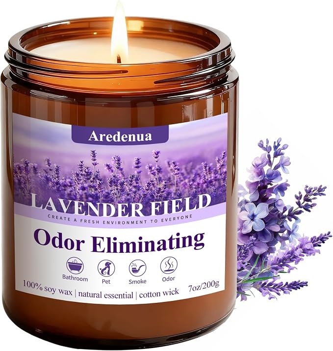 Lavender Odor Eliminating Candles | Eliminates 95% of Pet, Smoke & Bathroom Odors – 7oz Hand Poured Soy Candle - Aromatherapy Stress Relief Scented Candles - Relaxing Gifts for Calm & Fresh Homes
