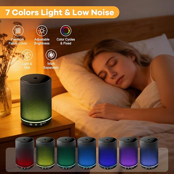 Essential Oil Diffuser with Fabric Cover 150ml Portable USB Plug-in Aroma Diffuser Aromatherapy Oil Diffuser with 7 Colors LED Scent Diffuser with Timer Mini Humidifier for Bedroom Home Office