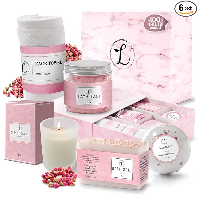 Spa Gift Set 100% Natural, Gift Box Includes: Bath Bomb, Bath Salt, Hand Soap, Scented Candle, Face Cloth and Gift Box. Best Gift for Her. (Rose)