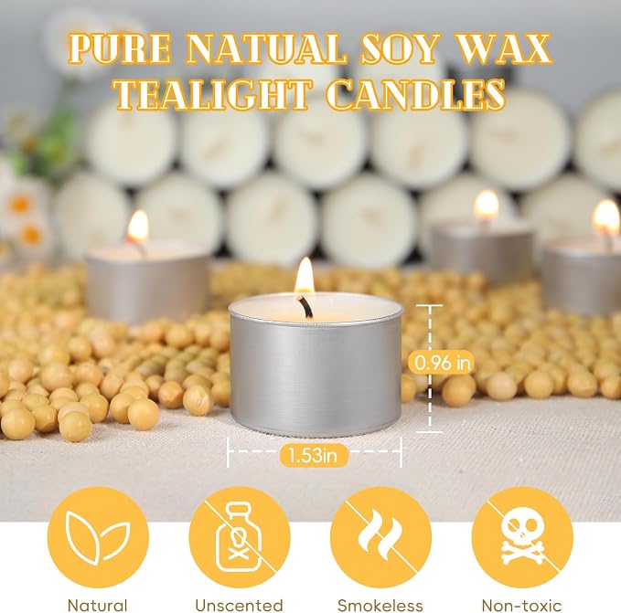 Soy Tealight Candles 50 Pack,8 Hours Long Burning Tealights Candles Bulk,Natural Soy Wax Tea Light Candle Paraffin-Free,Unscented Small Tea Candle for Emergency,Dinner