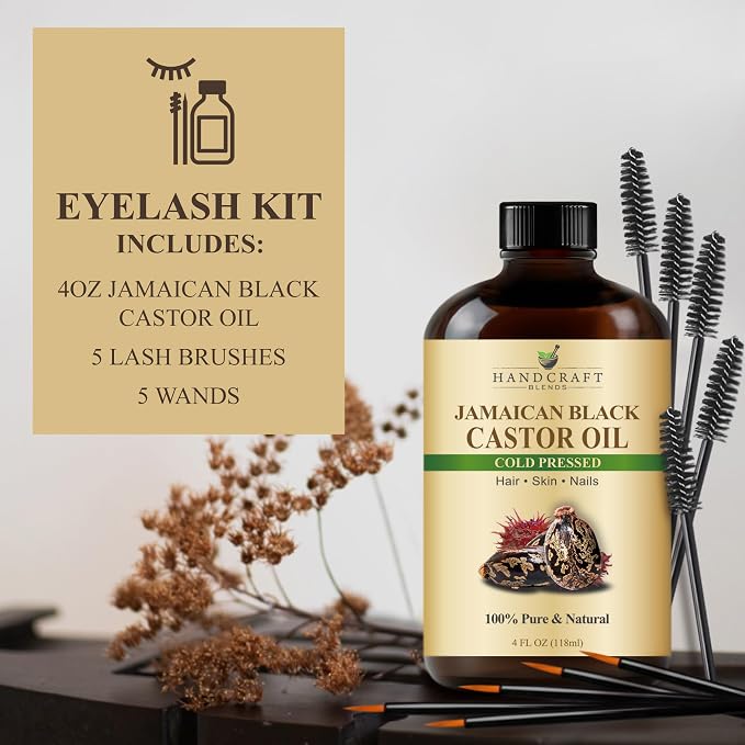 Handcraft Blends Cold-Pressed Jamaican Black Castor Oil 4 Fl Oz | Glass Bottle | Lash Brushes | 100% Pure and Natural | Premium Grade Carrier Oil | Hair, Eyelashes and Eyebrows | Hair and Body