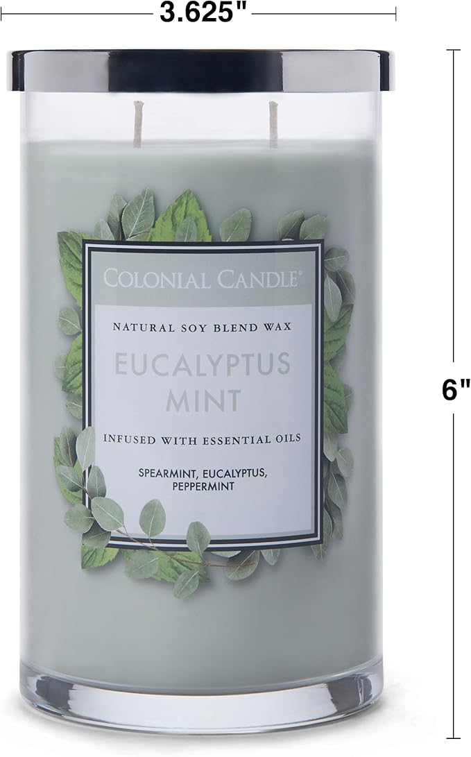 Colonial Candle Eucalyptus Mint Scented Jar Candle, Classic Cylinders Collection, 2 Wick, Green, 19 oz - Up to 120 Hours Burn