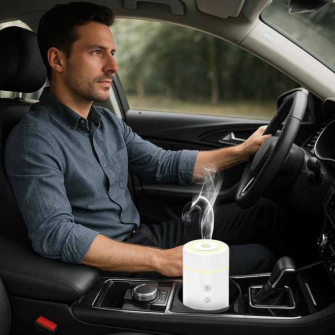 SEEDSEEL 100ML Car Essential Oil Diffuser, Rechargeable Battery Powered, Cordless Portable Humidifier with 7 LED Color Changing Lights for Travel (White)
