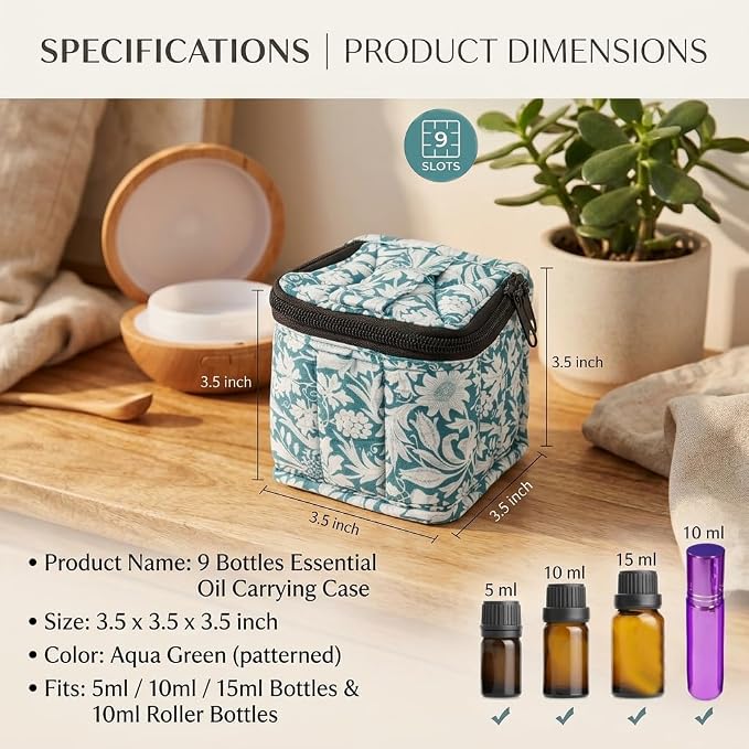 9 Bottles Essential Oil Carrying Case with Thick Foam Protection, Portable and Shockproof Organizer for 5ml to 10ml,15ml Bottles, Nail Polish, Roller Balls and Travel (Aqua Green)