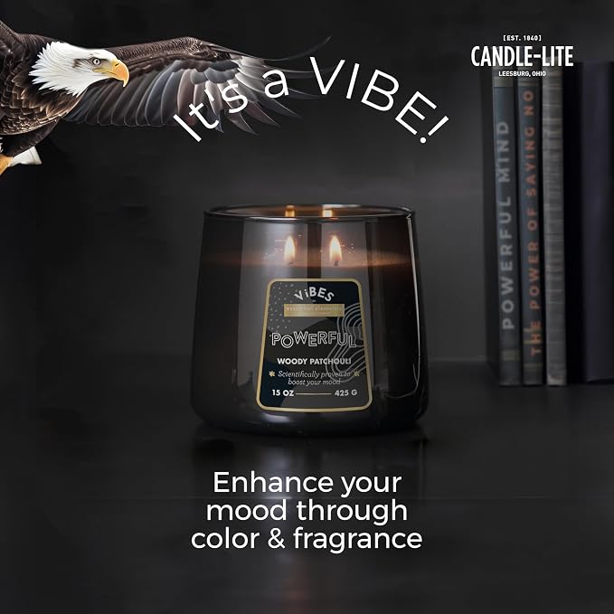 Candle-Lite Vibes Woody Patchouli Mood-Enhancing Scented Candles, 15 oz Jar, Aromatherapy, Proudly Poured in The USA, 2-Wick, 86 Hours Burn Time, Perfect Relaxation Gift