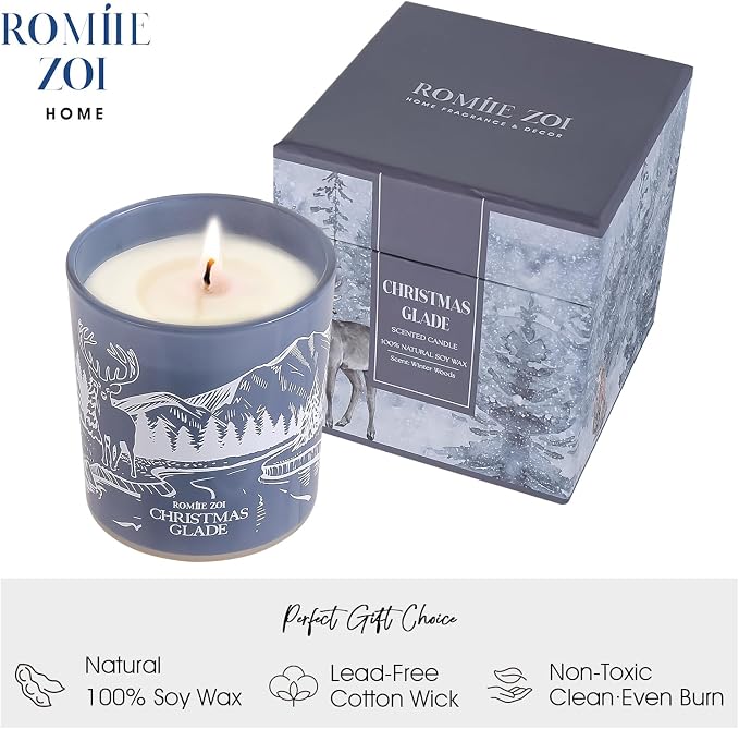 ROMIIE ZOI Christmas Scented Jar Candle - 6oz Soy Wax Candle - Glade Infused with Winter Woods Aroma - with Beautiful Keepsake Box Special for Holiday Gifts