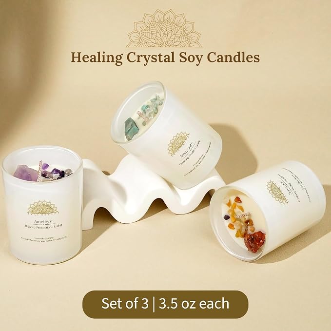 AvaConcept Healing Crystal Candle Gift Set – Set of 3 Amethyst, Amazonite & Sunstone Hand-Poured Soy Wax Lavender Jasmine, Coastal Breeze & Jungle Attachment Aromatherapy 3.5oz Each | Premium Gift Box